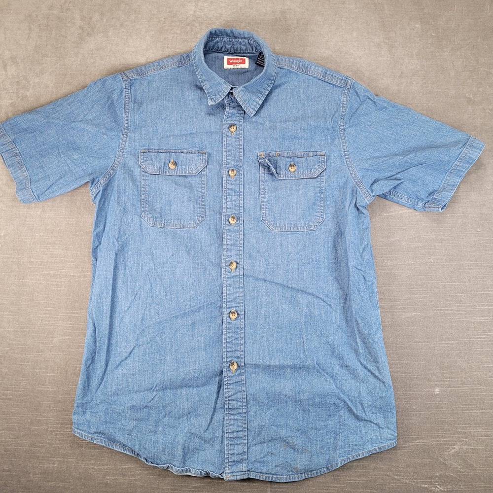 Wrangler Denim Button Up Mens Medium Blue Short Sleeve Dual Pocket Work Shirt